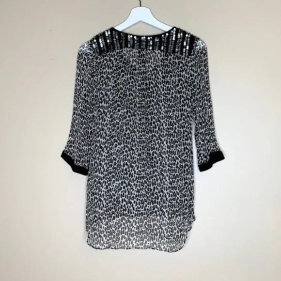 Plenty by Tracy Reese Leopard Print Crinkle Silky Peasant Blouse w/ Sequins - S - Picture 2 of 7